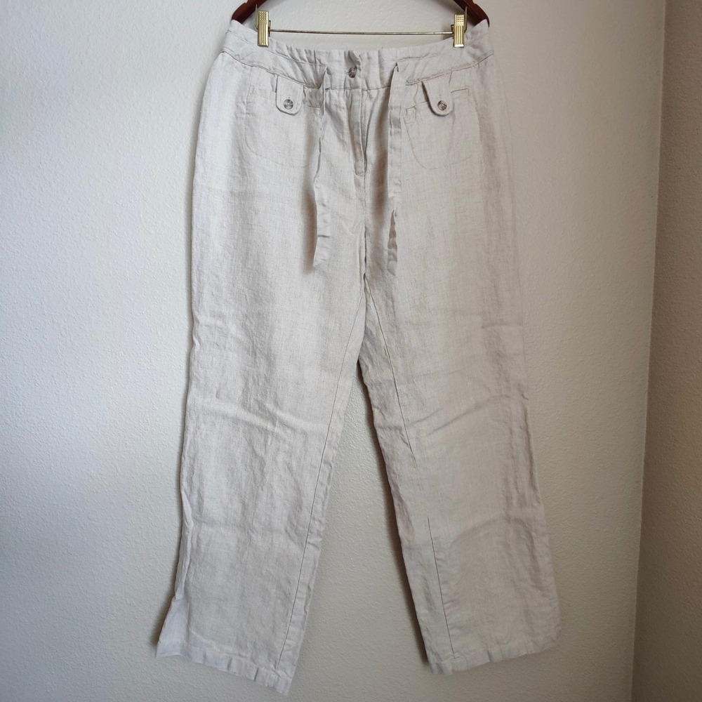 Charter Club 100% Linen Pants Beige Wide Leg Drawstring Pull On Coastal Boho 16W